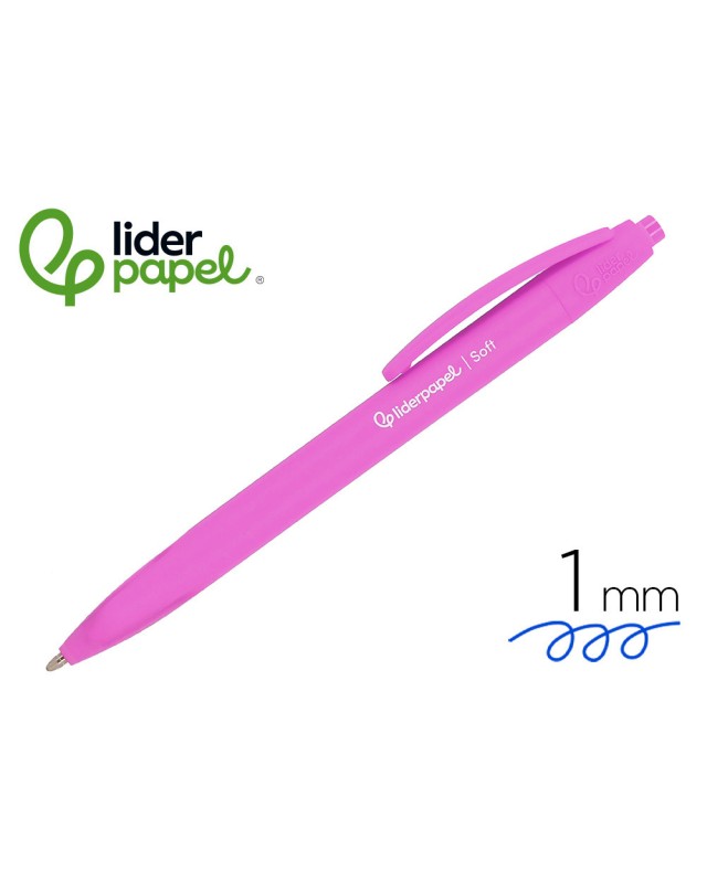 Boligrafo liderpapel punta 1 mm retractil con clip acabado soft touch tinta azul cuerpo rosa