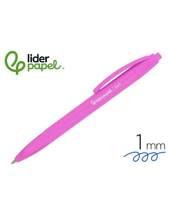 Boligrafo liderpapel punta 1 mm retractil con clip acabado soft touch tinta azul cuerpo rosa