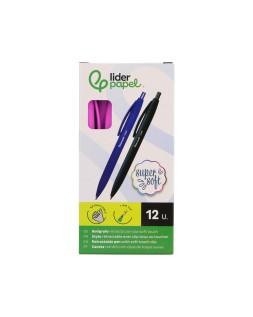 Boligrafo liderpapel punta 1 mm retractil con clip acabado soft touch tinta azul cuerpo rosa