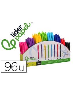 Boligrafo liderpapel retractil con clip acabado soft touch punta 1 mm expositor de 96 unidades colores surtidos