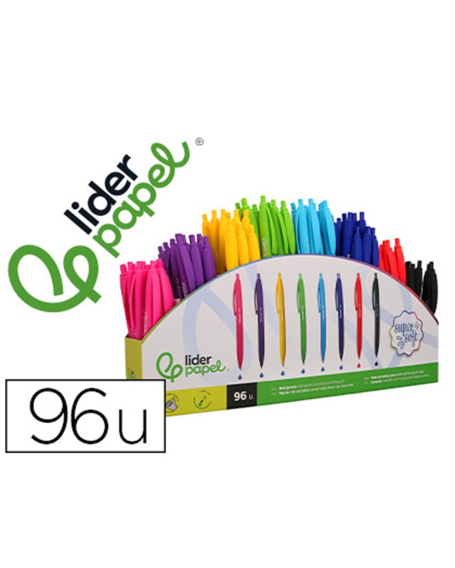 Boligrafo liderpapel retractil con clip acabado soft touch punta 1 mm expositor de 96 unidades colores surtidos