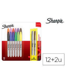 Rotulador sharpie permanente punta fina blister de 12 unidades colores surtidos + 2 unidades color