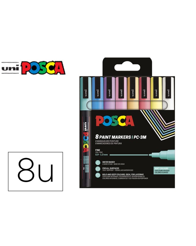 Rotulador uni posca pc-3m/8c marcador de pintura punta conica 0,9-1,3 mm estuche de 8unidades colores suaves
