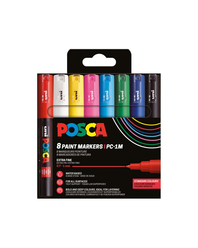 Rotulador uni posca pc-1m/8c marcador de pintura punta conica 0,7-1 mm estuche de 8 unidades colores basicos