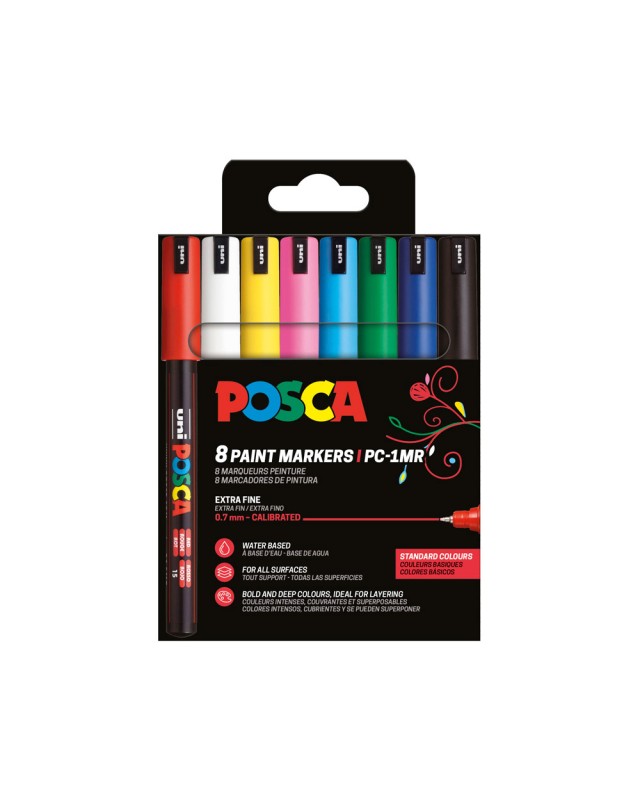 Rotulador uni posca pc1mr/8c marcador de pintura punta extrafina 0,7 mm estuche de 8 unidades colores basicos