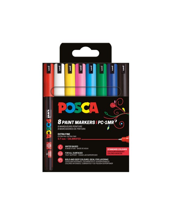 Rotulador uni posca pc1mr/8c marcador de pintura punta extrafina 0,7 mm estuche de 8 unidades colores basicos