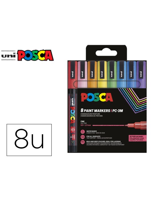 Rotulador uni posca pc-3m/8c marcador de pintura punta conica 0,9-1,3 mm estuche de 8 unidades colores purpurina