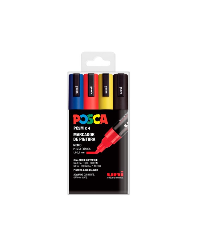 Rotulador uni posca pc-5m/4c marcador de pintura punta conica 1,8-2,5 mm estuche de 4 unidades colores basicos