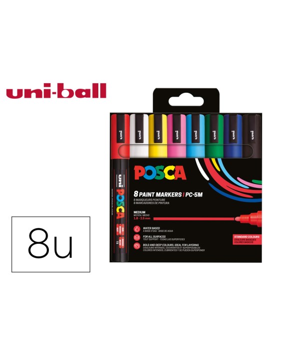 Rotulador uni posca pc-5m/8c marcador de pintura punta conica 1,8-2,5 mm estuche de 8 unidades colores basicos
