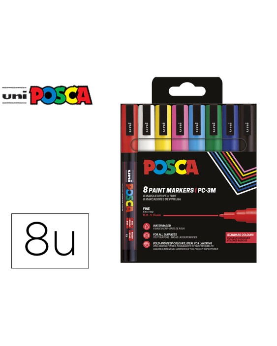 Rotulador uni posca pc-3m/8c marcador de pintura punta conica 0,9-1,3 mm estuche de 8 unidades colores basicos