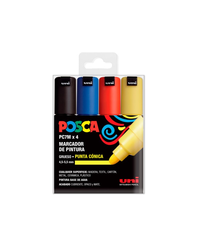 Rotulador uni posca pc-7m/4c marcador de pintura punta conica 4,5-5,5 mm estuche de 4 unidades colores basicos