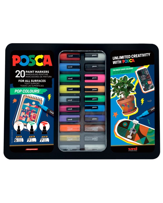 Rotulador uni posca pop colours marcador de pintura punta conica maletin metalico de 20 unidades colores