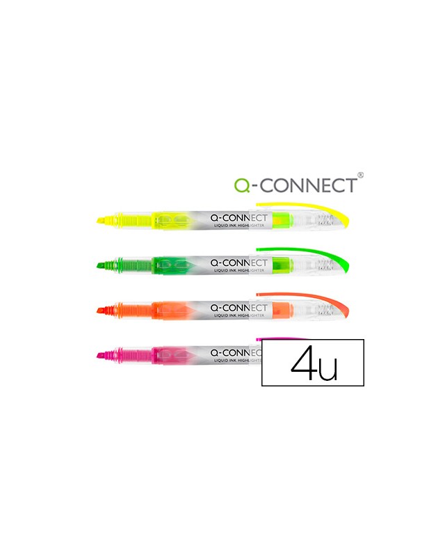 Rotulador q-connect fluorescente punta biselada tinta liquida bolsa de 4 unidades colores surtidos