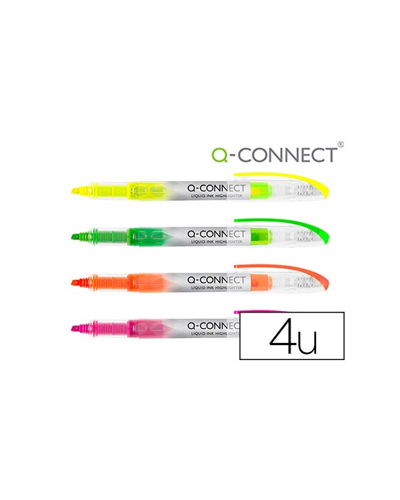 Rotulador q-connect fluorescente punta biselada tinta liquida bolsa de 4 unidades colores surtidos