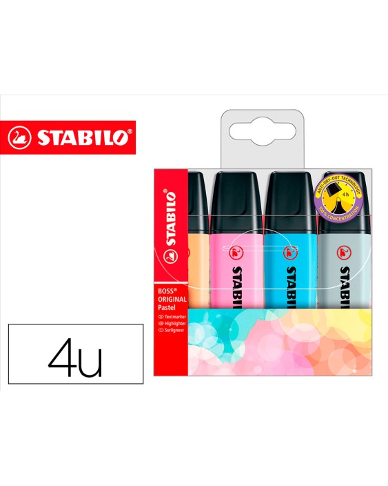 Rotulador stabilo boss fluorescente 70 pastel estuche de 4 unidades colores surtidos