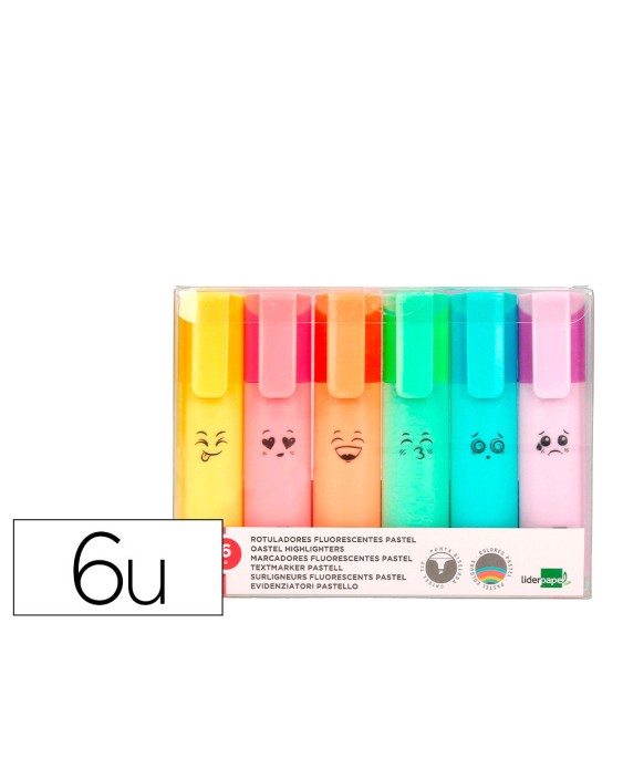 Rotulador liderpapel fluorescente pastel punta biselada estuche de 6 unidades colores surtidos