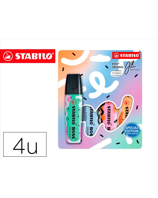 Rotulador stabilo boss fluorescente original pastel by ju schnee estuche de 4 colores surtidos