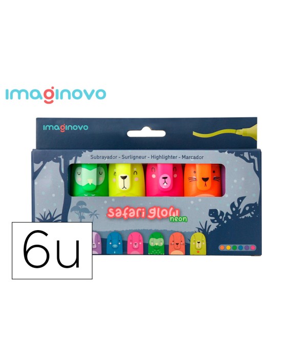 Rotulador imaginovo fluorescente safari glow neon animales y clip caja de 6 unidades surtidas