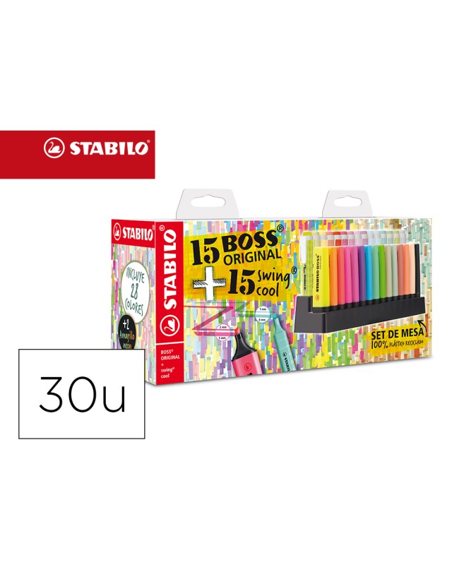 Rotulador stabilo fluorescente set de mesa 15 unidades boss 70 + 15 unidades swing cool colores surtidos