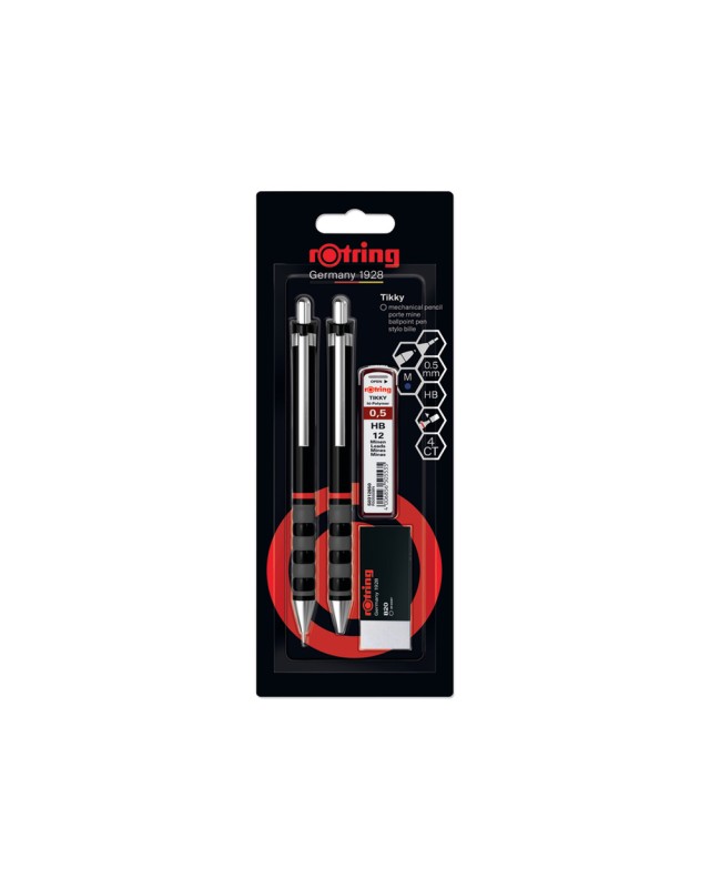 Set portaminas rotring tikky 0,5 mm color negro + boligrafo punta m + goma de borrar b20 + 12 minas hb
