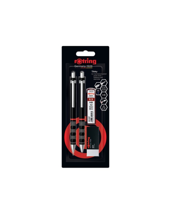 Set portaminas rotring tikky 0,5 mm color negro + boligrafo punta m + goma de borrar b20 + 12 minas hb