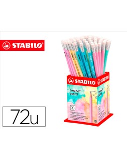 Lapices de grafito con goma stabilo swano mina 2,2 mm dureza hb expositor de 72 unidades colores pasteles
