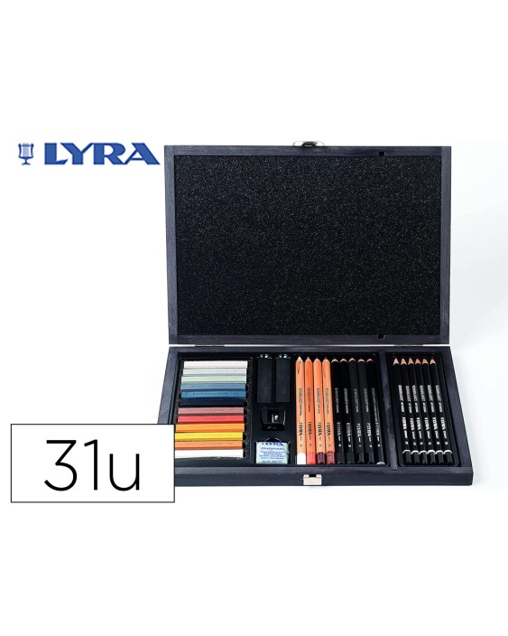 Set dibujo lyra estuche de madera con 31 piezas surtidas