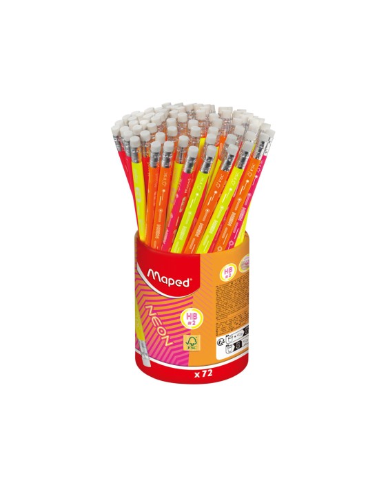 Lapiz de grafito maped neon con goma hb bote de 72 unidades colores surtidos