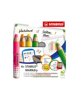 Lapiz marcador stabilo markdry neon para pizarra blanca caja de 4 unidades colores surtidos + sacapuntas