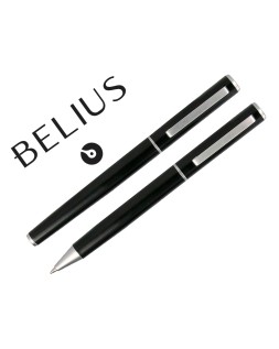 Juego boligrafo y roller belius norwich cuerpo negro mate y detalles cromados satinados en caja regalo