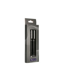 Juego boligrafo y roller belius norwich cuerpo negro mate y detalles cromados satinados en caja regalo