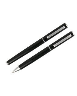Juego boligrafo y roller belius norwich cuerpo negro mate y detalles cromados satinados en caja regalo