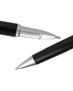 Juego boligrafo y roller belius norwich cuerpo negro mate y detalles cromados satinados en caja regalo