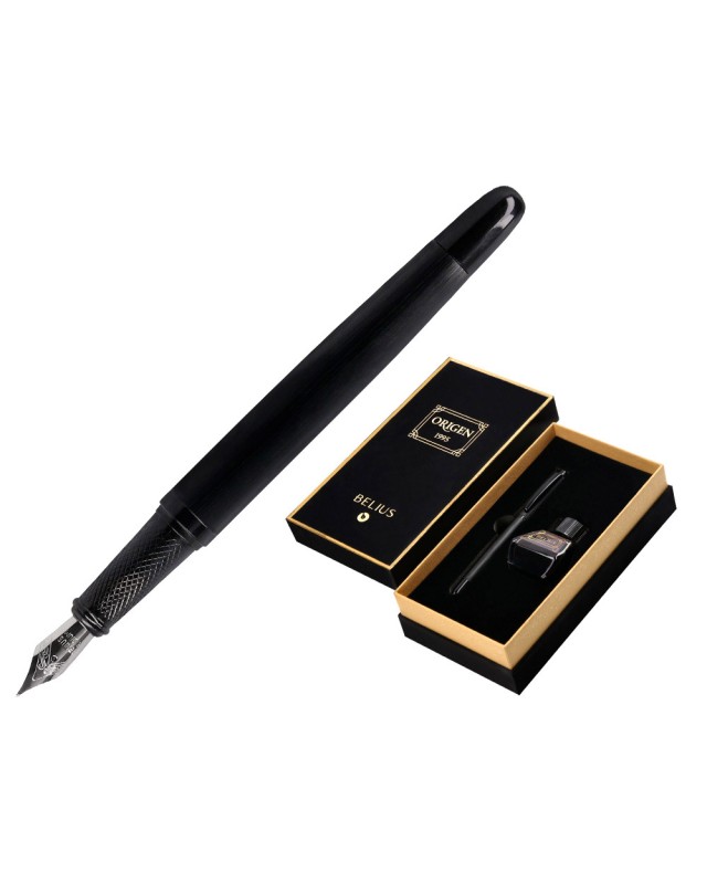 Pluma y frasco de tinta belius origen 1995 aluminio textura cepillada color negro tinta negra caja diseño