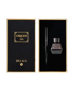 Pluma y frasco de tinta belius origen 1995 aluminio textura cepillada color negro tinta negra caja diseño