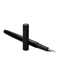Pluma y frasco de tinta belius origen 1995 aluminio textura cepillada color negro tinta negra caja diseño