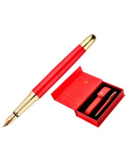 Pluma y estuche cuero belius passion dor aluminio textura cepillada color rojo y dorado tinta azul caja de diseño