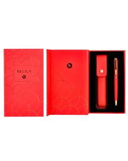 Pluma y estuche cuero belius passion dor aluminio textura cepillada color rojo y dorado tinta azul caja de diseño