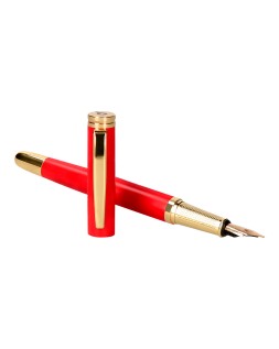Pluma y estuche cuero belius passion dor aluminio textura cepillada color rojo y dorado tinta azul caja de diseño