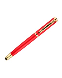 Pluma y estuche cuero belius passion dor aluminio textura cepillada color rojo y dorado tinta azul caja de diseño