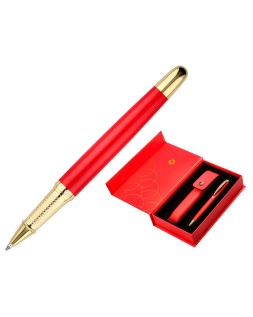 Boligrafo y estuche belius passion dor aluminio textura cepillada color rojo y dorado tinta azul caja de diseño