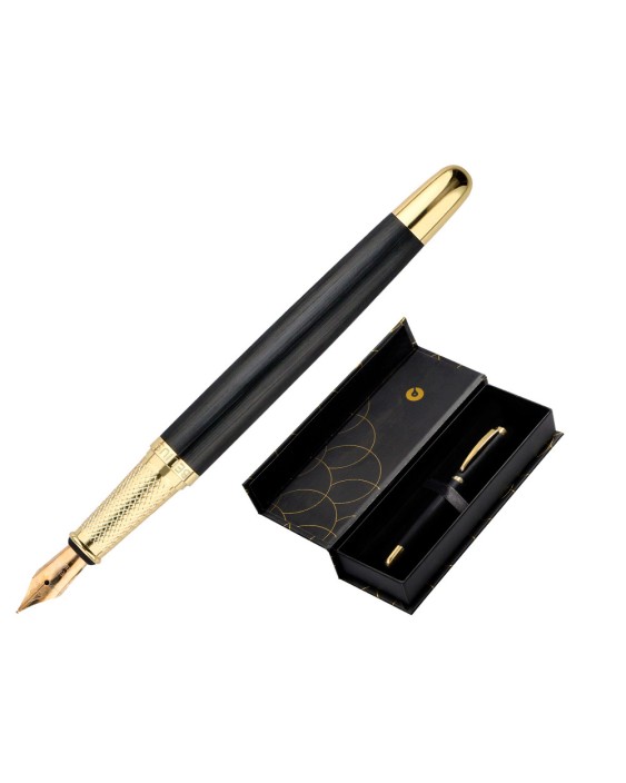 Pluma belius passion dor aluminio textura cepillada color negro y dorado tinta azul caja de diseño