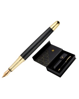 Pluma y estuche cuero belius passion dor aluminio textura cepillada color negro y dorado tinta azul caja diseño
