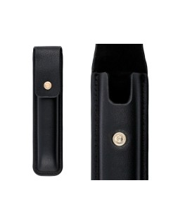 Pluma y estuche cuero belius passion dor aluminio textura cepillada color negro y dorado tinta azul caja diseño