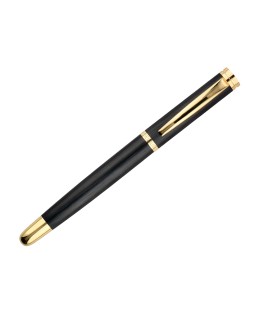 Pluma y estuche cuero belius passion dor aluminio textura cepillada color negro y dorado tinta azul caja diseño