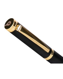 Pluma y estuche cuero belius passion dor aluminio textura cepillada color negro y dorado tinta azul caja diseño