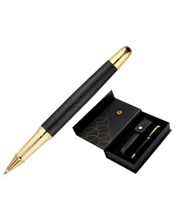 Boligrafo y estuche belius passion dor aluminio textura cepillada color negro y dorado tinta azul caja diseño