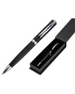 Boligrafo belius turbo aluminio textura punteada color negro y plateado tinta azul caja de diseño