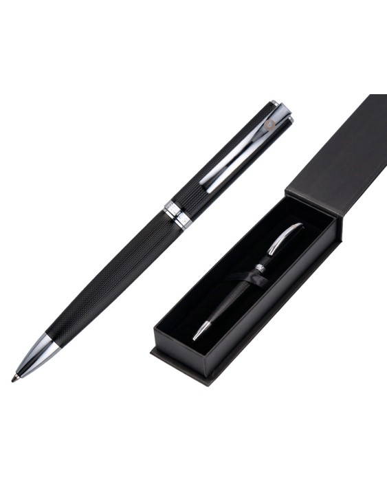 Boligrafo belius turbo aluminio textura punteada color negro y plateado tinta azul caja de diseño