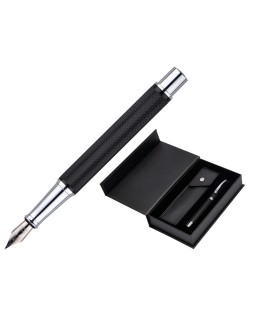 Pluma y estuche belius turbo aluminio textura punteada color negro y plateado tinta azul caja de diseño